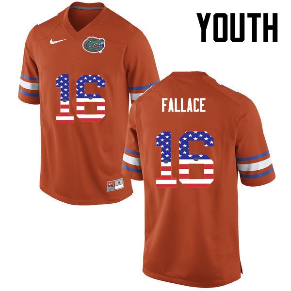 Florida Gators Youth #16 Brian Fallace College Football USA Flag Fashion Orange